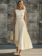 Maxi Dress with Pleated Chiffon Skirt and Knit Top – Elegant Crew Neck Long Dress for Women 1