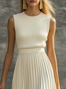 Maxi Dress with Pleated Chiffon Skirt and Knit Top – Elegant Crew Neck Long Dress for Women 2