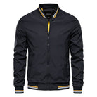 Men's black varsity-style bomber jacket featuring a zip-up design and ribbed detailing, perfect for a stylish and casual look. 0