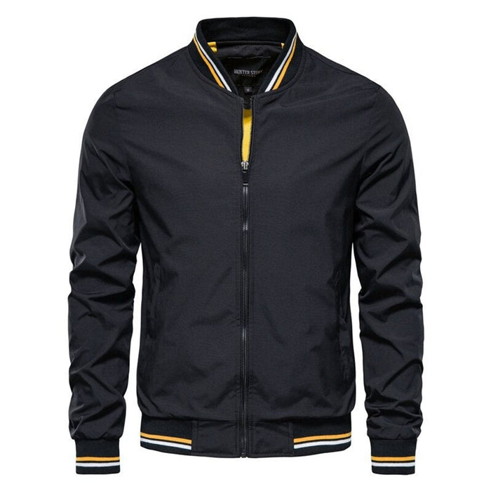 Men's black varsity-style bomber jacket featuring a zip-up design and ribbed detailing, perfect for a stylish and casual look. 0