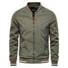 Men's black varsity-style bomber jacket featuring a zip-up design and ribbed detailing, perfect for a stylish and casual look. 2