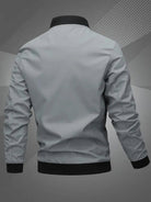 Men's black polyester bomber jacket featuring a zip-up front, baseball collar, and stylish embroidered detail. 0