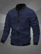 Men's black polyester bomber jacket featuring a zip-up front, baseball collar, and stylish embroidered detail. 10