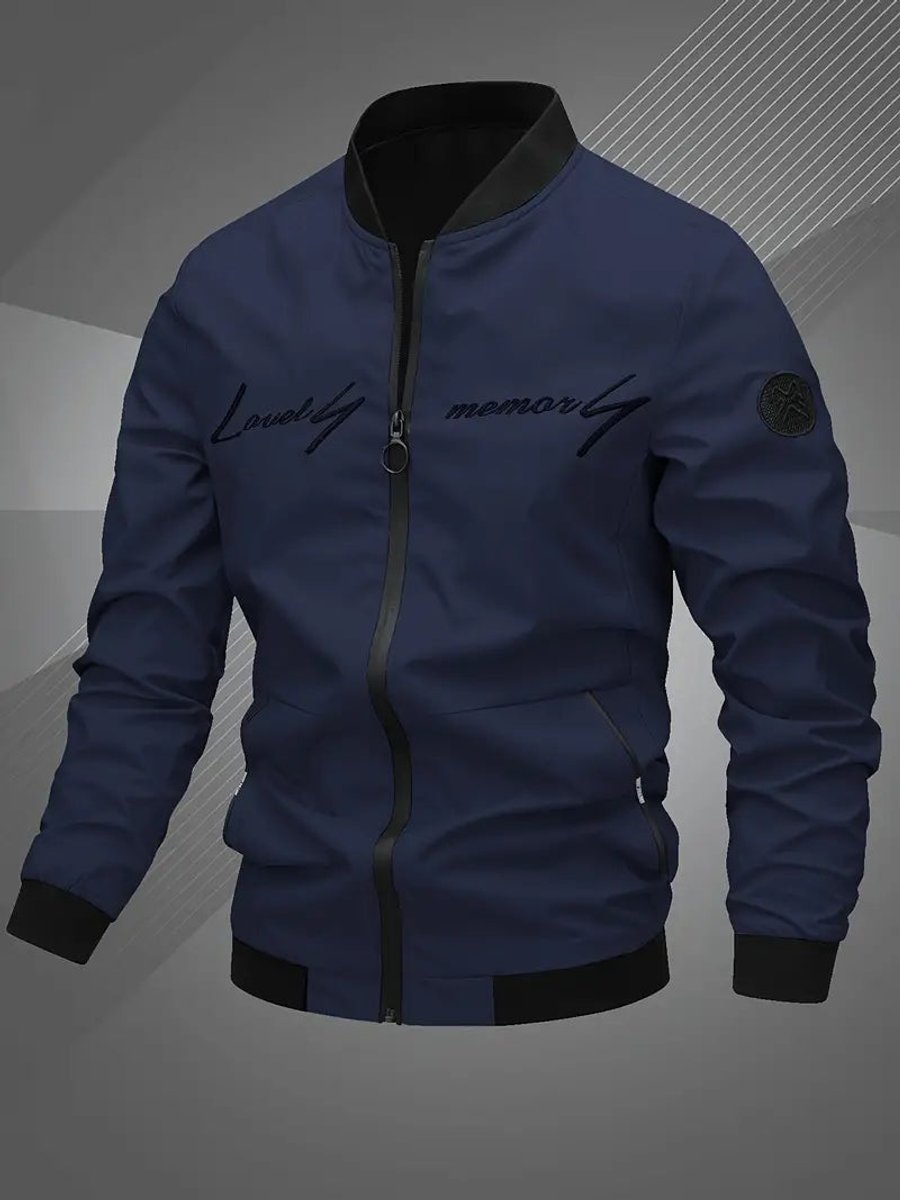 Men's black polyester bomber jacket featuring a zip-up front, baseball collar, and stylish embroidered detail. 10