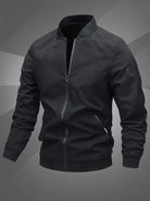 Men's black polyester bomber jacket featuring a zip-up front, baseball collar, and stylish embroidered detail. 2