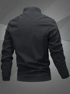 Men's black polyester bomber jacket featuring a zip-up front, baseball collar, and stylish embroidered detail. 3