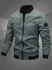 Men's black polyester bomber jacket featuring a zip-up front, baseball collar, and stylish embroidered detail. 4
