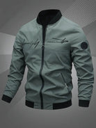 Men's black polyester bomber jacket featuring a zip-up front, baseball collar, and stylish embroidered detail. 4