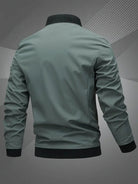 Men's black polyester bomber jacket featuring a zip-up front, baseball collar, and stylish embroidered detail. 6