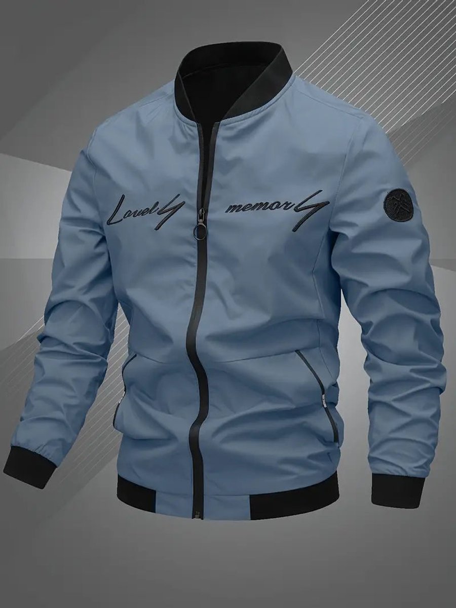 Men's black polyester bomber jacket featuring a zip-up front, baseball collar, and stylish embroidered detail. 7