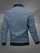 Men's black polyester bomber jacket featuring a zip-up front, baseball collar, and stylish embroidered detail. 8