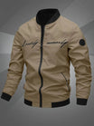 Men's black polyester bomber jacket featuring a zip-up front, baseball collar, and stylish embroidered detail. 9