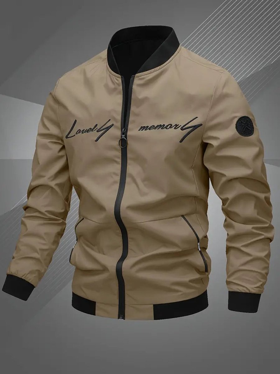 Men's black polyester bomber jacket featuring a zip-up front, baseball collar, and stylish embroidered detail. 9