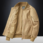 Men's black bomber jacket featuring a zip front closure and baseball collar, designed for a relaxed fit, perfect for casual wear. 1