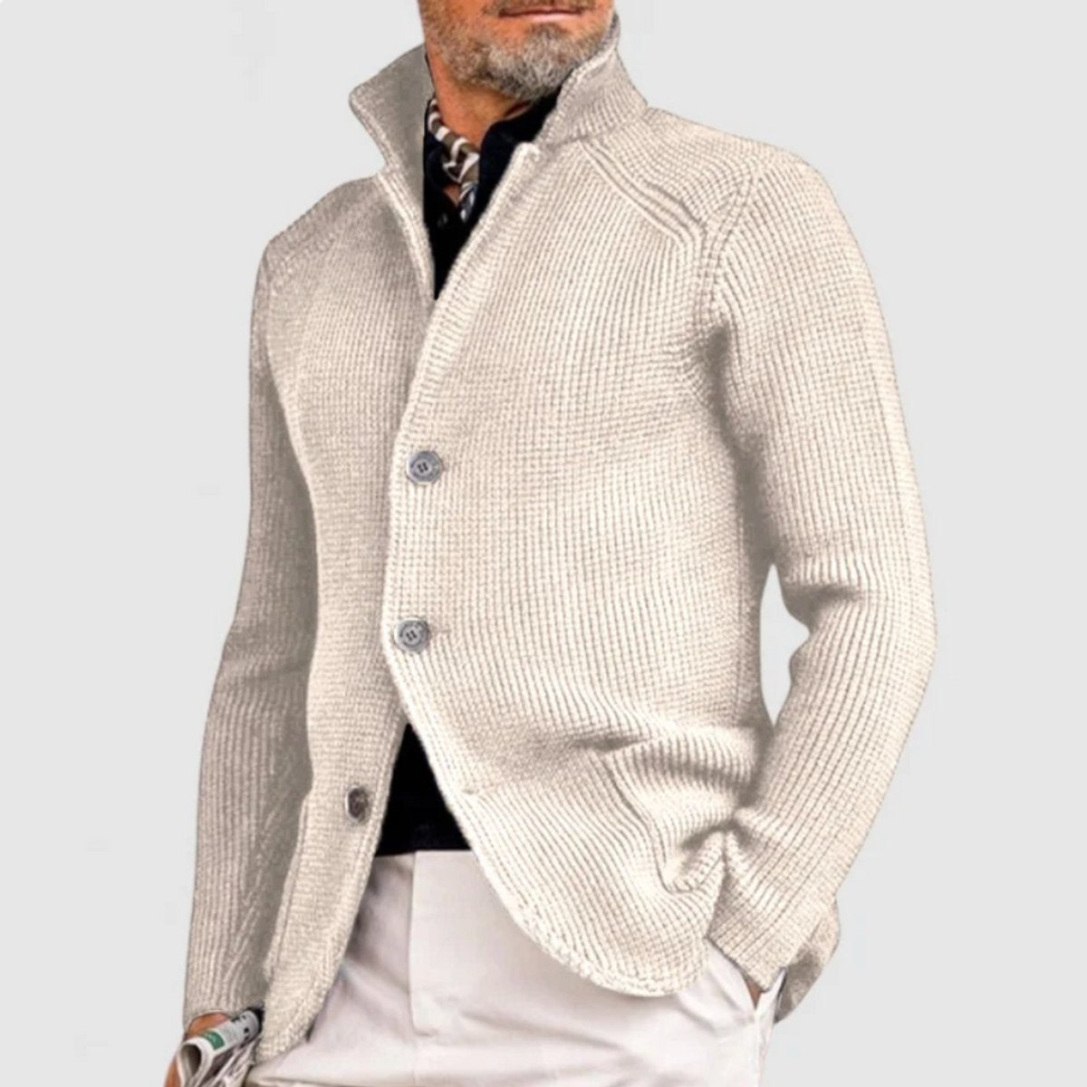 Men's cardigan blazer featuring a button front and stand collar, made from waffle-knit acrylic for a relaxed fit, perfect for casual or semi-formal occasions 7