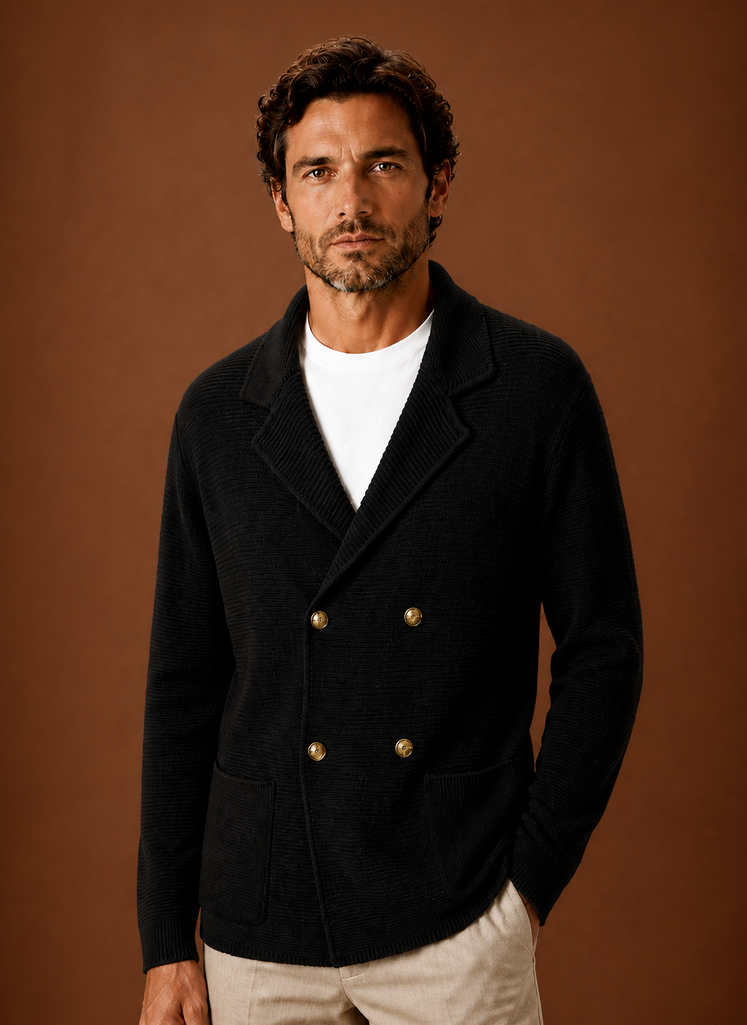Men's cardigan sweater featuring a classic front-opening design, perfect for layering with long sleeves, available in black, grey, brown, and navy. 0