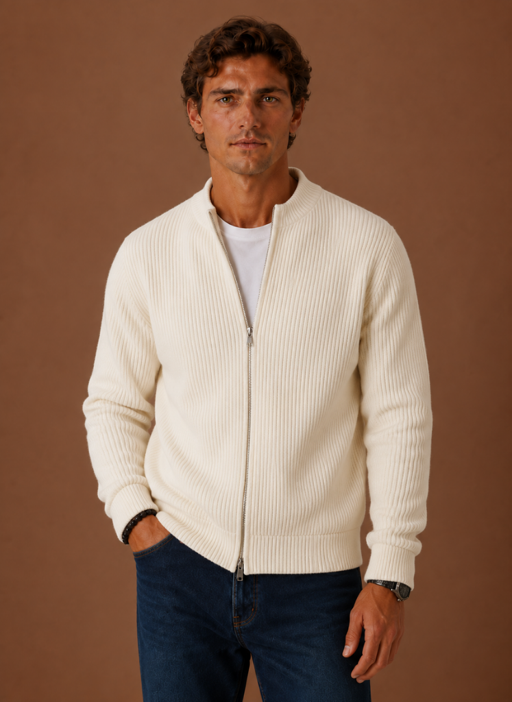 Men's cardigan sweater featuring a full zip closure, ribbed knit texture, and made from soft polyester, perfect for versatile everyday wear. 0