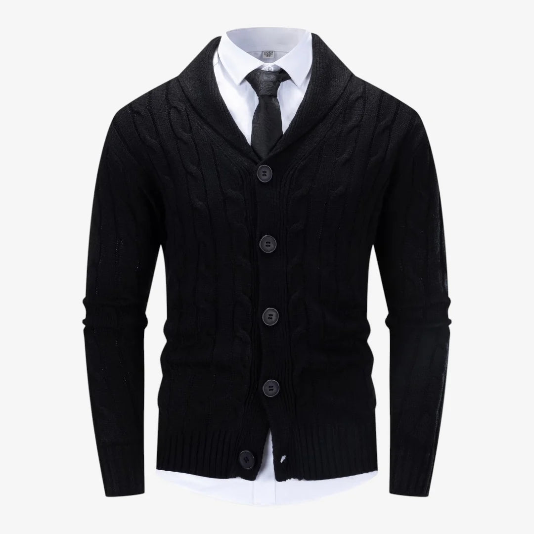 Men's cardigan with button closure, featuring a soft knit warm layer perfect for autumn and winter, showcasing a classic cable knit design. 2