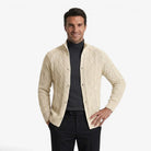 Men's black wool cardigan featuring a warm cable knit design and button closure, perfect for autumn and winter layering. 4