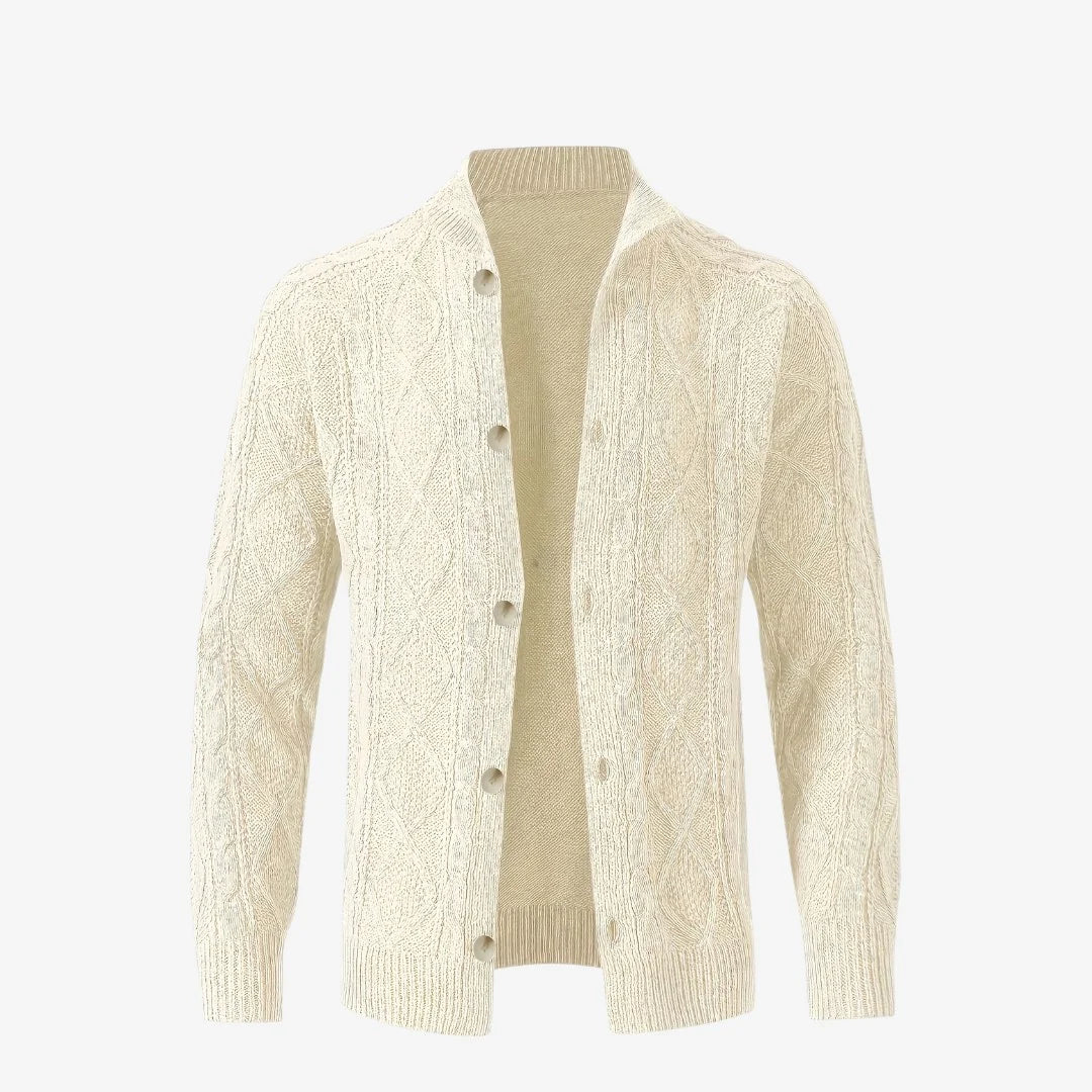 Men's black wool cardigan featuring a warm cable knit design and button closure, perfect for autumn and winter layering. 7