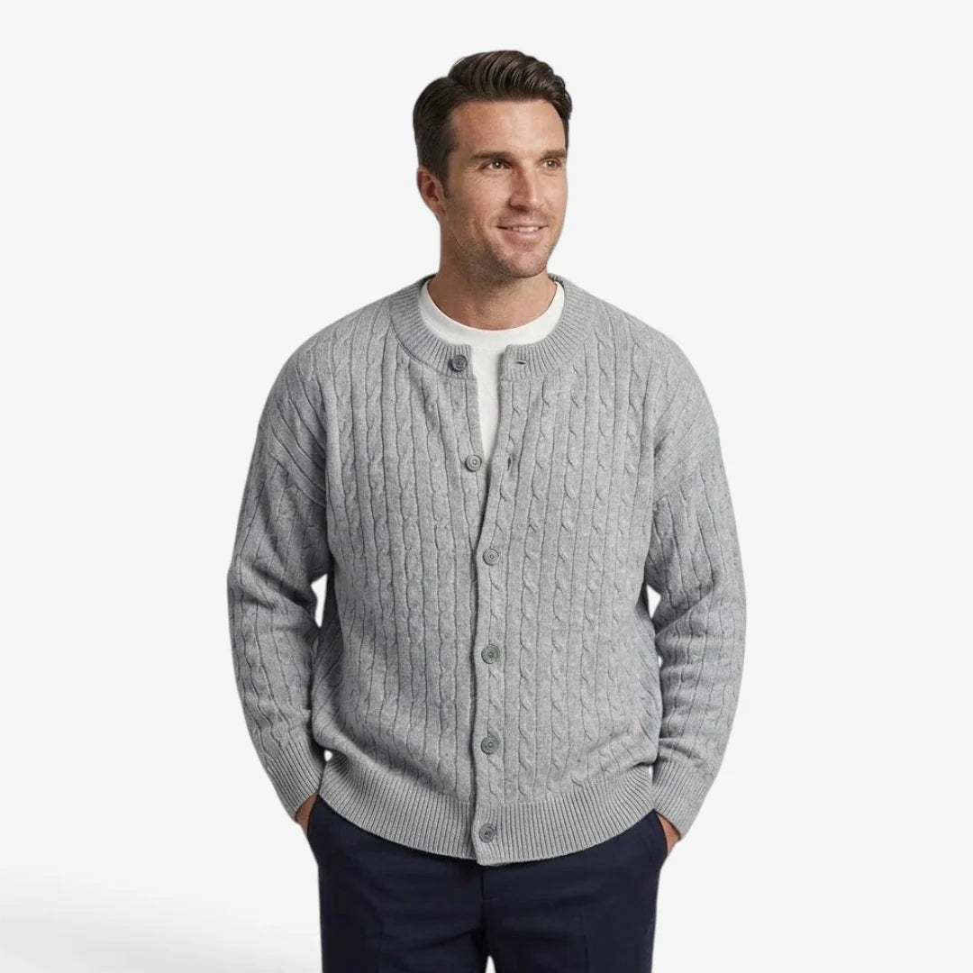 Men's cardigan featuring a button closure and cable knit design, designed for a casual loose fit, perfect for timeless knitwear styling. 0