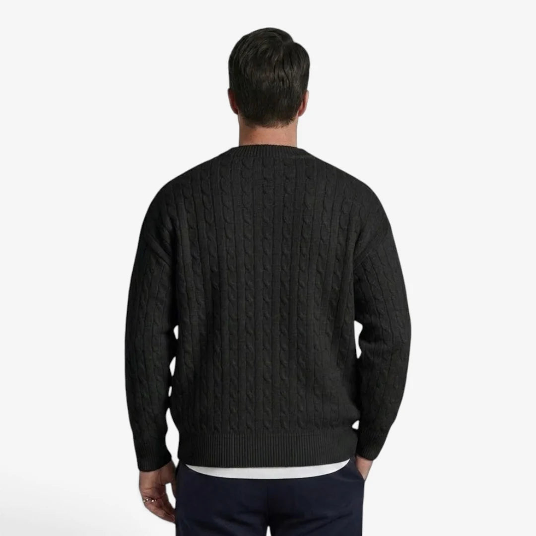 Men's cardigan featuring a button closure and cable knit design, designed for a casual loose fit, perfect for timeless knitwear styling. 4