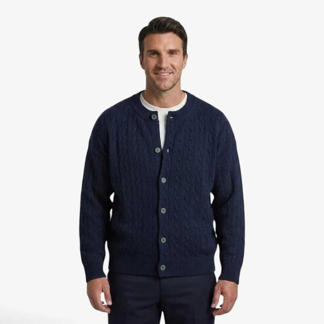Men's cardigan featuring a button closure and cable knit design, designed for a casual loose fit, perfect for timeless knitwear styling. 5