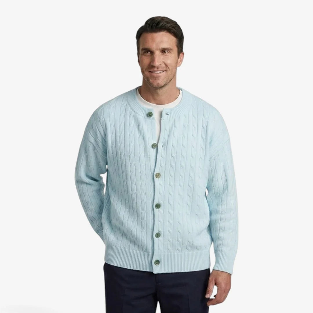 Men's cardigan featuring a button closure and cable knit design, designed for a casual loose fit, perfect for timeless knitwear styling. 7