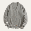 Men's cardigan with button front and V-neck design, featuring a soft knit texture, available in grey, cream, charcoal, and rust brown for a 0