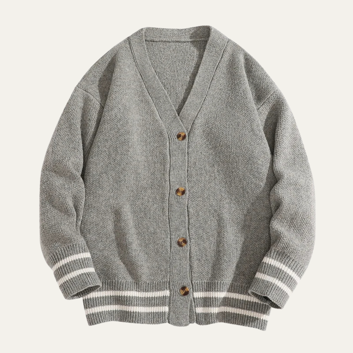 Men's cardigan with button front and V-neck design, featuring a soft knit texture, available in grey, cream, charcoal, and rust brown for a 0