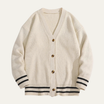 Men's cardigan with button front and V-neck design, featuring a soft knit texture, available in grey, cream, charcoal, and rust brown for a 1