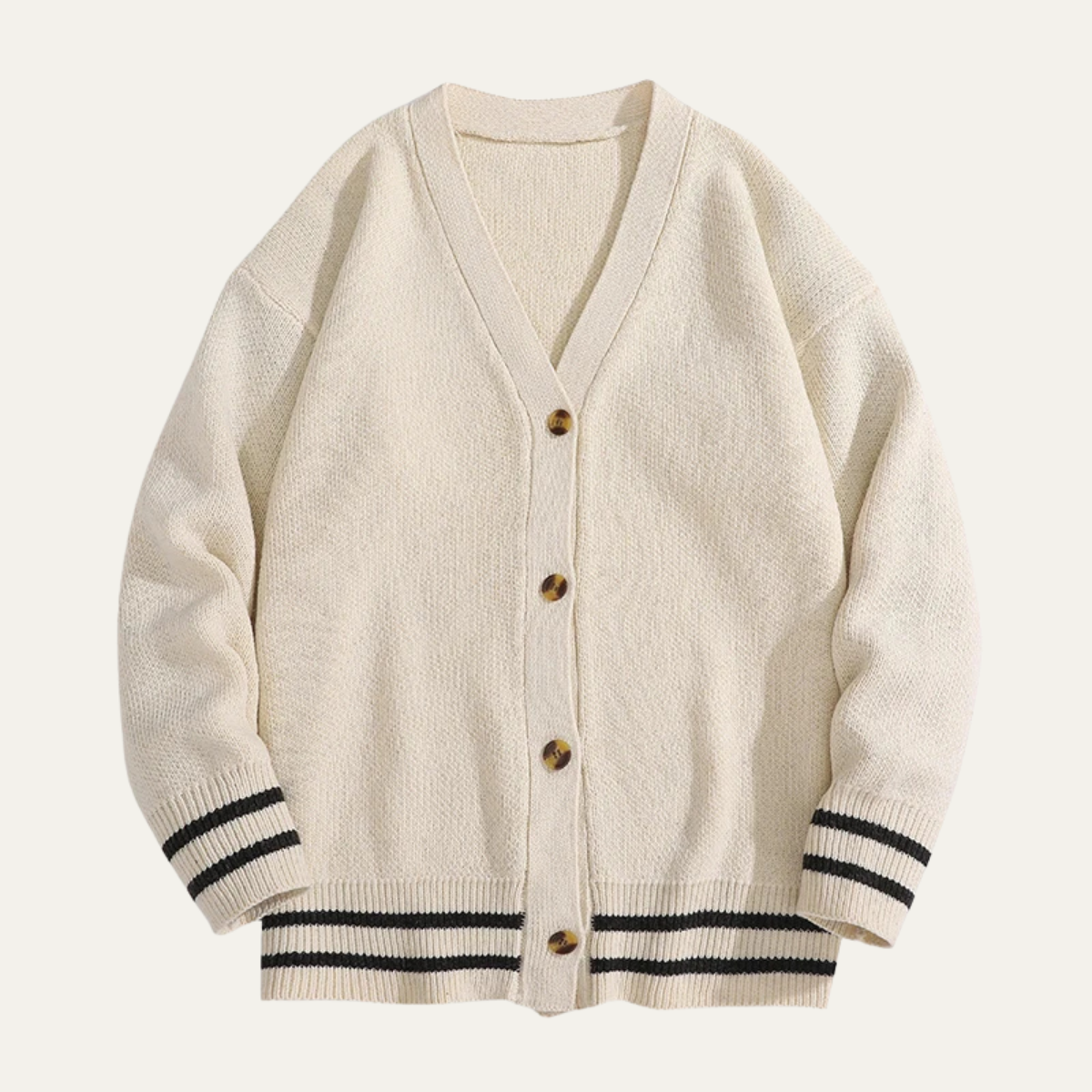 Men's cardigan with button front and V-neck design, featuring a soft knit texture, available in grey, cream, charcoal, and rust brown for a 1
