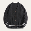 Men's cardigan with button front and V-neck design, featuring a soft knit texture, available in grey, cream, charcoal, and rust brown for a 2