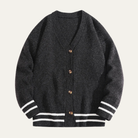 Men's cardigan with button front and V-neck design, featuring a soft knit texture, available in grey, cream, charcoal, and rust brown for a 2