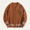Men's cardigan with button front and V-neck design, featuring a soft knit texture, available in grey, cream, charcoal, and rust brown for a 3