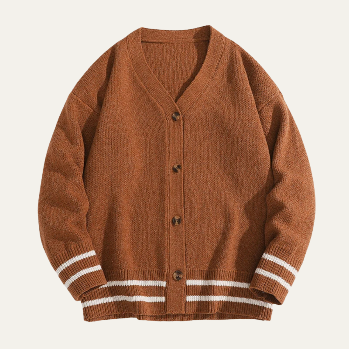 Men's cardigan with button front and V-neck design, featuring a soft knit texture, available in grey, cream, charcoal, and rust brown for a 3