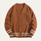 Men's cardigan with button front and V-neck design, featuring a soft knit texture, available in grey, cream, charcoal, and rust brown for a 3