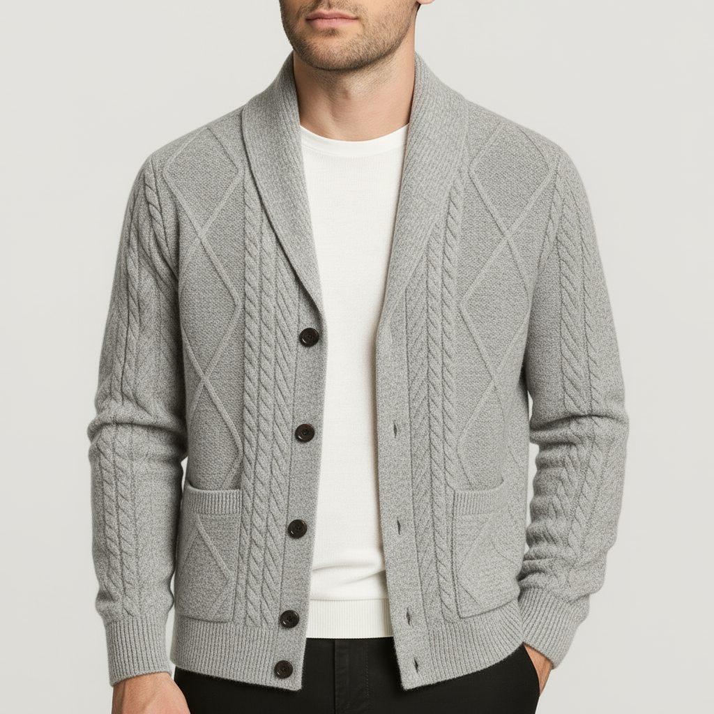 Men's classic fit cardigan made from soft merino wool featuring a button placket, ideal for versatile layering in casual or formal settings. 0