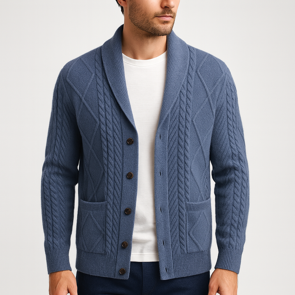 Men's classic fit cardigan made from soft merino wool featuring a button placket, ideal for versatile layering in casual or formal settings. 3
