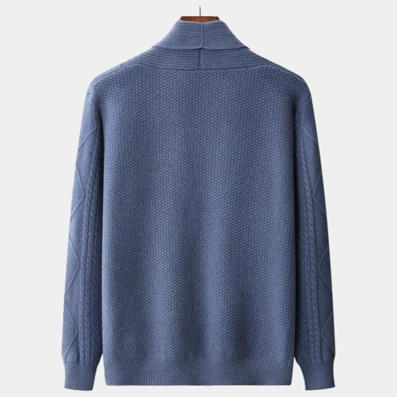 Men's classic fit cardigan made from soft merino wool featuring a button placket, ideal for versatile layering in casual or formal settings. 4