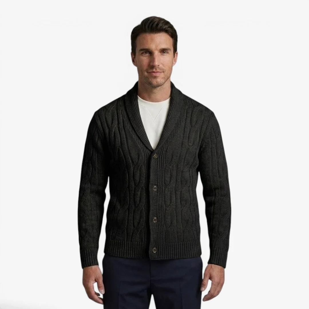 Men's cardigan featuring a stylish cable knit design, made from soft knit fabric, perfect for versatile layering in multiple colors. 2