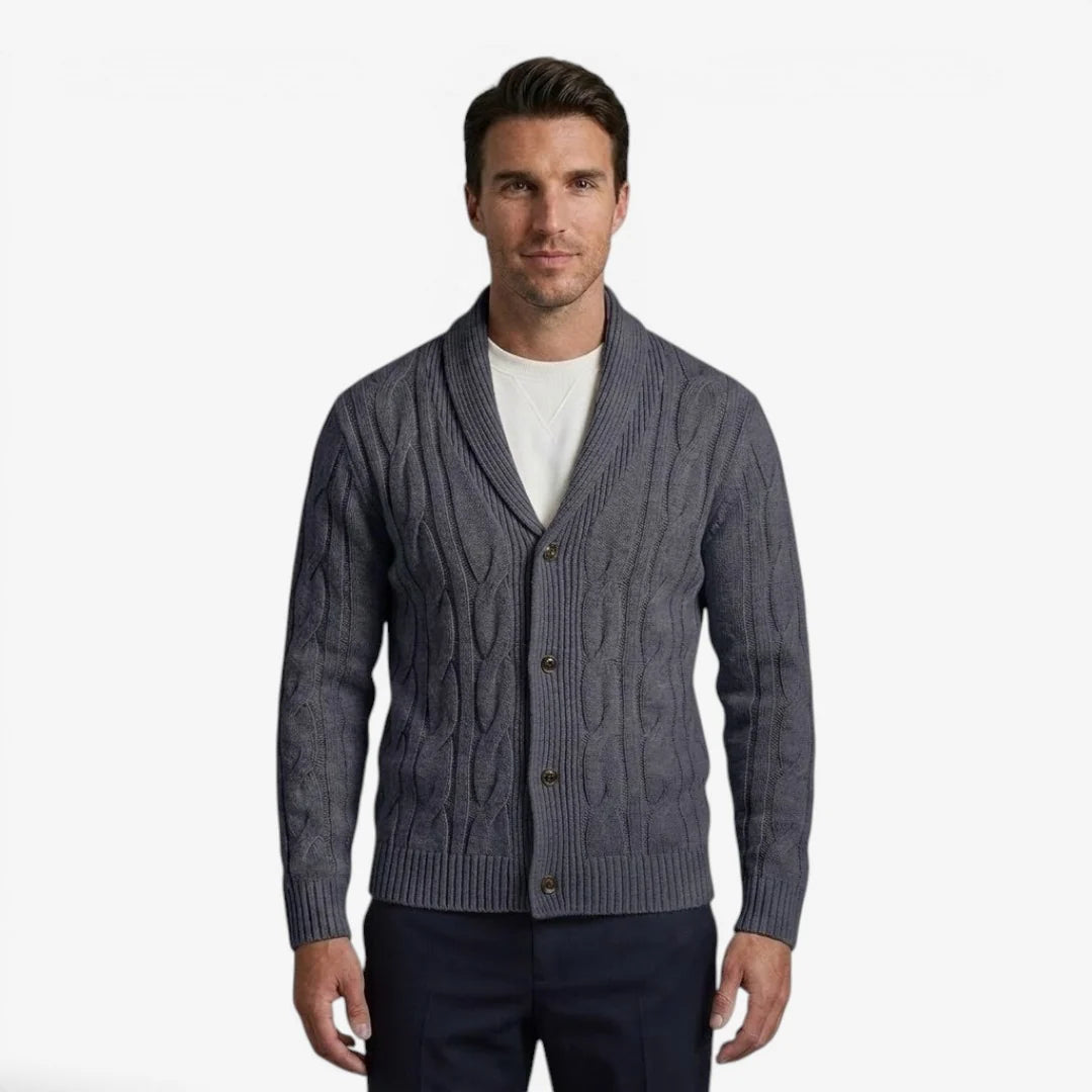 Men's cardigan featuring a stylish cable knit design, made from soft knit fabric, perfect for versatile layering in multiple colors. 4