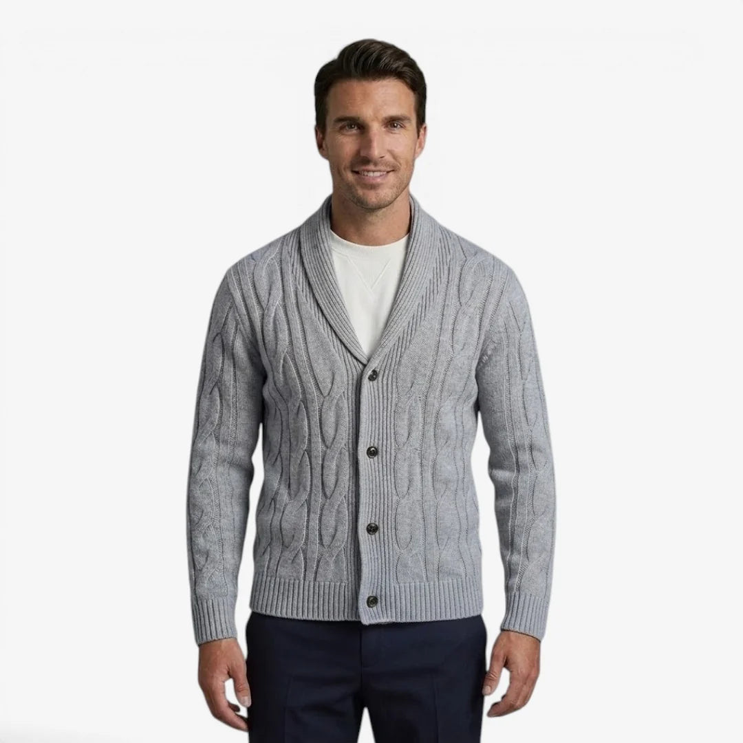 Men's cardigan featuring a stylish cable knit design, made from soft knit fabric, perfect for versatile layering in multiple colors. 6