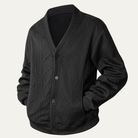 Men's V-Neck Cardigan with Button Front in soft cable knit, perfect for a cozy fit, available in black, grey, and white. 0