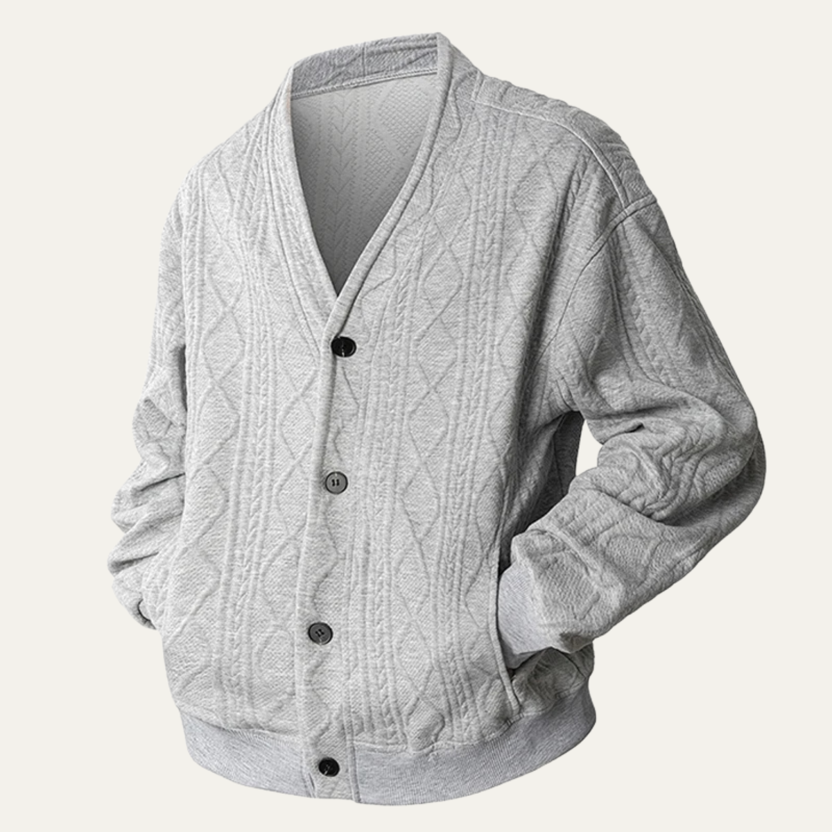 Men's V-Neck Cardigan with Button Front in soft cable knit, perfect for a cozy fit, available in black, grey, and white. 1