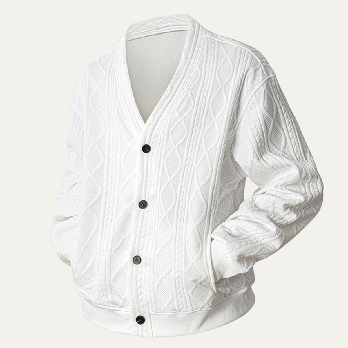 Men's V-Neck Cardigan with Button Front in soft cable knit, perfect for a cozy fit, available in black, grey, and white. 2