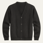 Men's V-Neck Cardigan with Button Front in soft cable knit, perfect for a cozy fit, available in black, grey, and white. 3