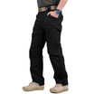 Men's black cargo pants featuring multiple pockets and reinforced seams, designed for hiking and outdoor activities. 4