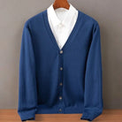 Men's cashmere cardigan in soft black featuring a button-up front and elegant V-neck design, perfect for stylish layering and comfort. 2