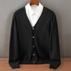 Men's cashmere cardigan in soft black featuring a button-up front and elegant V-neck design, perfect for stylish layering and comfort. 3